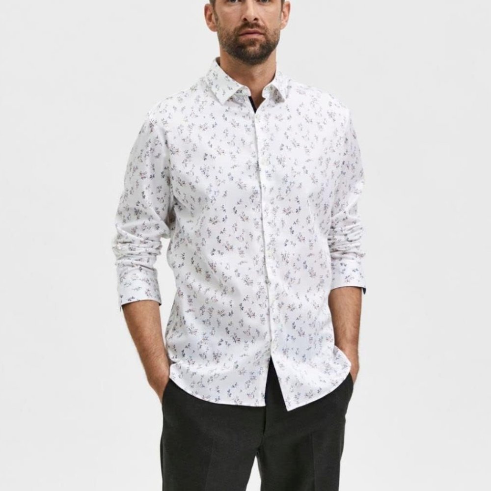 Selected Homme White Floral Print Long Sleeve Shirt